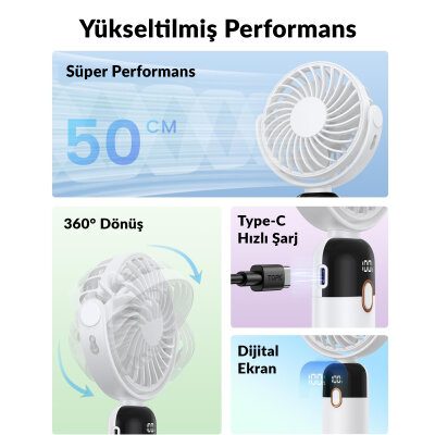 Warmco K70 Taşınabilir Şarjlı El Vantilatörü 2400mAh 360° Döner Başlıklı ve Standlı Dijital Ekranlı Soğutucu Fan Beyaz - 6