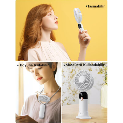Warmco K70 Taşınabilir Şarjlı El Vantilatörü 2400mAh 360° Döner Başlıklı ve Standlı Dijital Ekranlı Soğutucu Fan Beyaz - 8