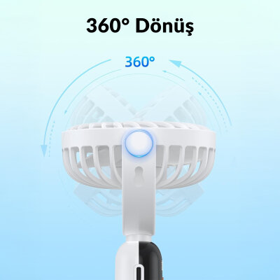 Warmco K70 Taşınabilir Şarjlı El Vantilatörü 2400mAh 360° Döner Başlıklı ve Standlı Dijital Ekranlı Soğutucu Fan Beyaz - 9