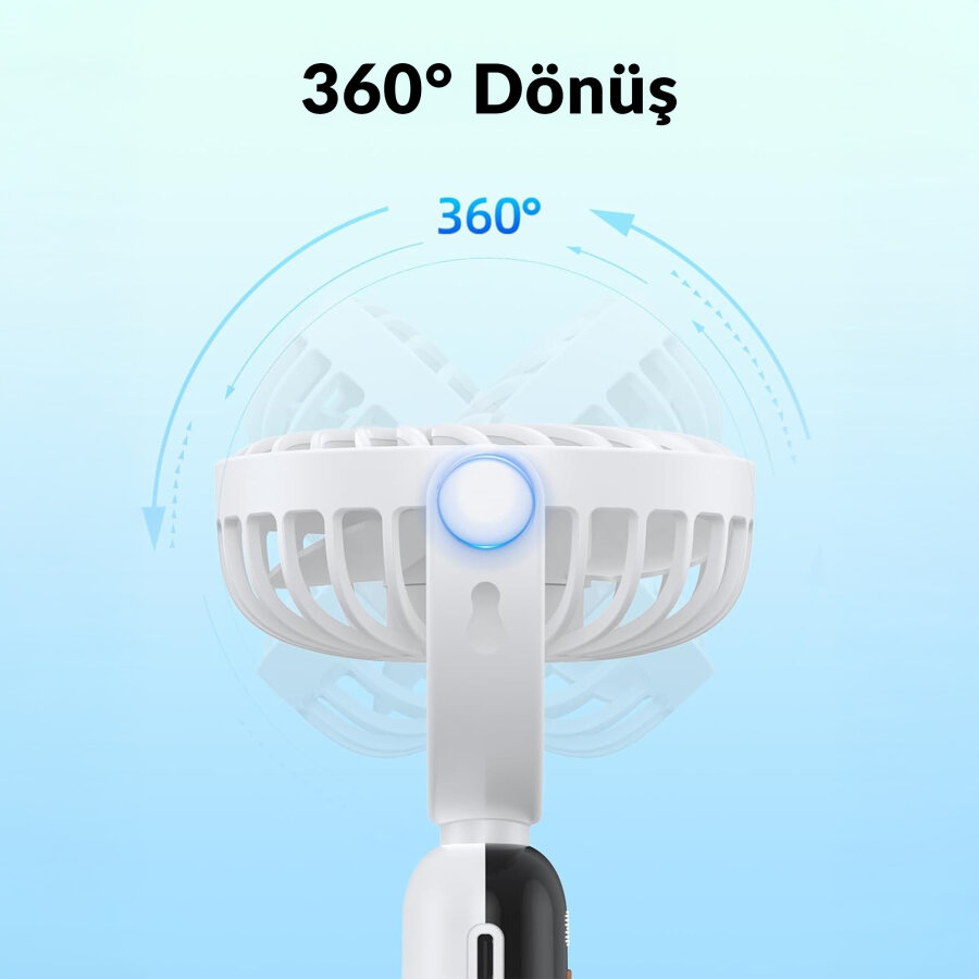 Warmco K70 Taşınabilir Şarjlı El Vantilatörü 2400mAh 360° Döner Başlıklı ve Standlı Dijital Ekranlı Soğutucu Fan Beyaz - 9
