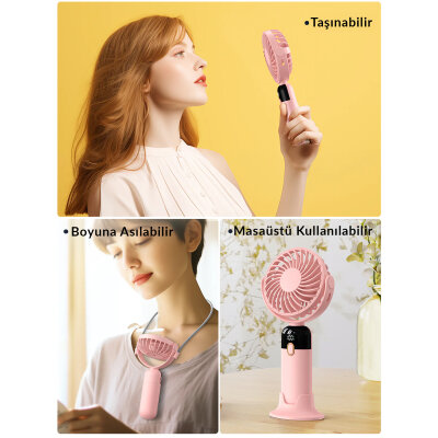 Warmco K70 Taşınabilir Şarjlı El Vantilatörü 2400mAh 360° Döner Başlıklı ve Standlı Dijital Ekranlı Soğutucu Fan Pembe - 2