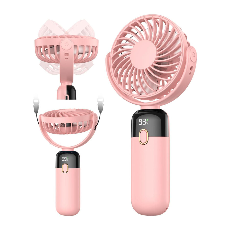 Warmco K70 Taşınabilir Şarjlı El Vantilatörü 2400mAh 360° Döner Başlıklı ve Standlı Dijital Ekranlı Soğutucu Fan Pembe - 3