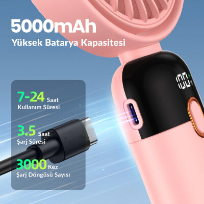 Warmco K70 Taşınabilir Şarjlı El Vantilatörü 2400mAh 360° Döner Başlıklı ve Standlı Dijital Ekranlı Soğutucu Fan Pembe - 4