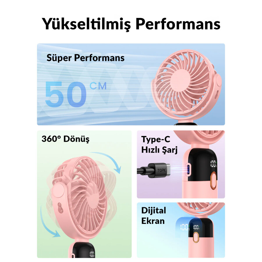 Warmco K70 Taşınabilir Şarjlı El Vantilatörü 2400mAh 360° Döner Başlıklı ve Standlı Dijital Ekranlı Soğutucu Fan Pembe - 6