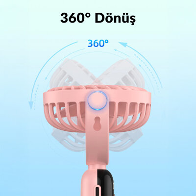 Warmco K70 Taşınabilir Şarjlı El Vantilatörü 2400mAh 360° Döner Başlıklı ve Standlı Dijital Ekranlı Soğutucu Fan Pembe - 7