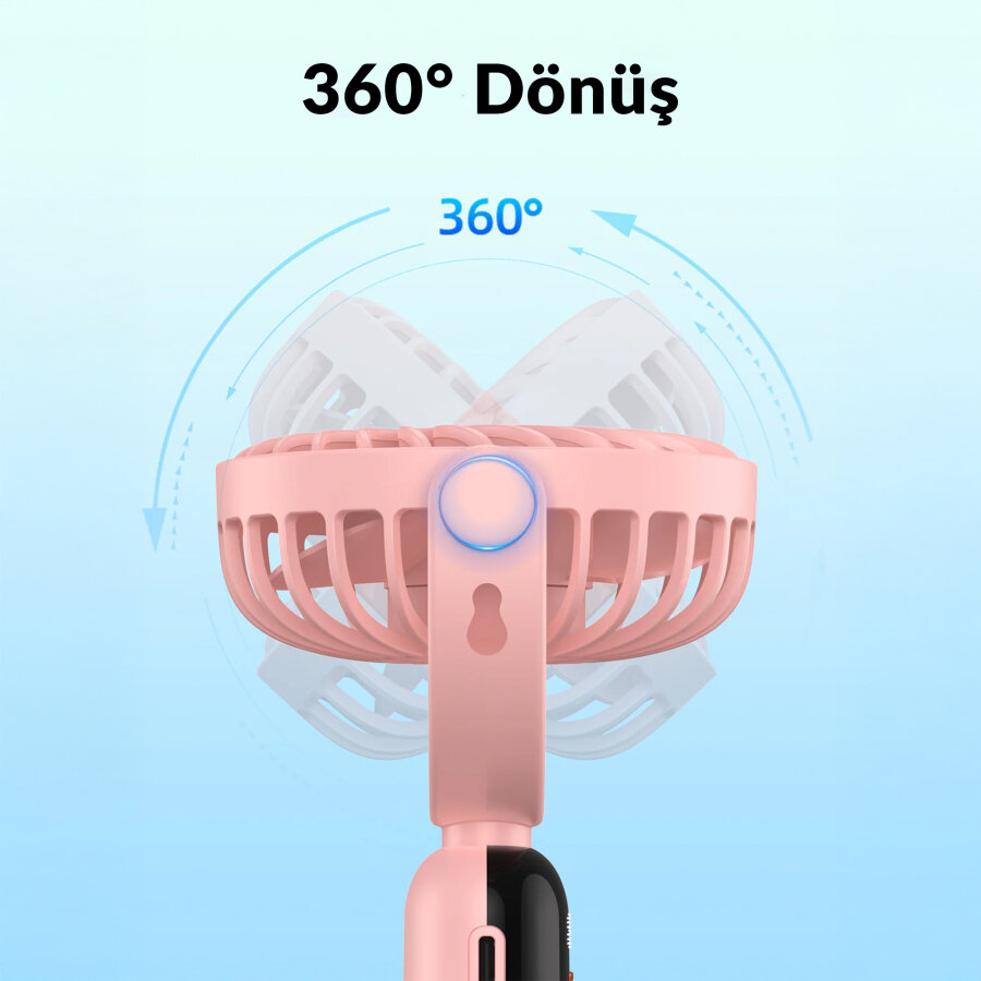 Warmco K70 Taşınabilir Şarjlı El Vantilatörü 2400mAh 360° Döner Başlıklı ve Standlı Dijital Ekranlı Soğutucu Fan Pembe - 7