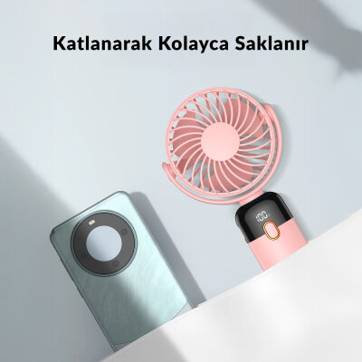 Warmco K70 Taşınabilir Şarjlı El Vantilatörü 2400mAh 360° Döner Başlıklı ve Standlı Dijital Ekranlı Soğutucu Fan Pembe - 8
