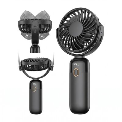 Warmco K70 Taşınabilir Şarjlı El Vantilatörü 2400mAh 360° Döner Başlıklı ve Standlı Dijital Ekranlı Soğutucu Fan Siyah - 2