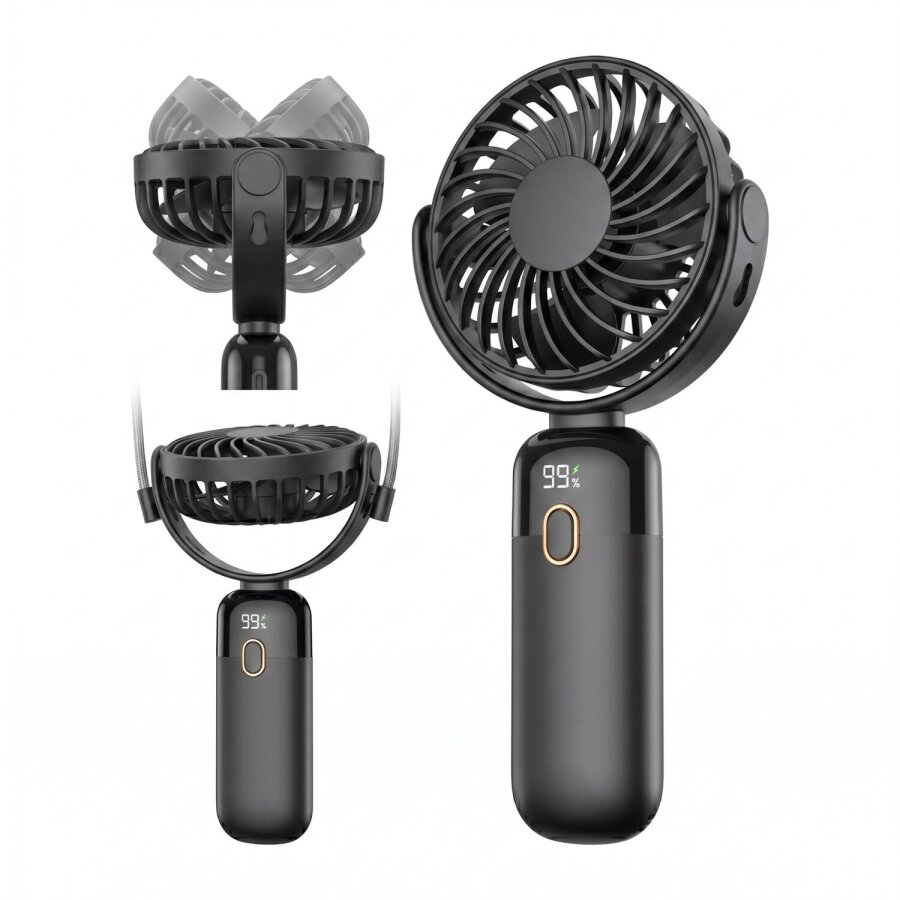 Warmco K70 Taşınabilir Şarjlı El Vantilatörü 2400mAh 360° Döner Başlıklı ve Standlı Dijital Ekranlı Soğutucu Fan Siyah - 2