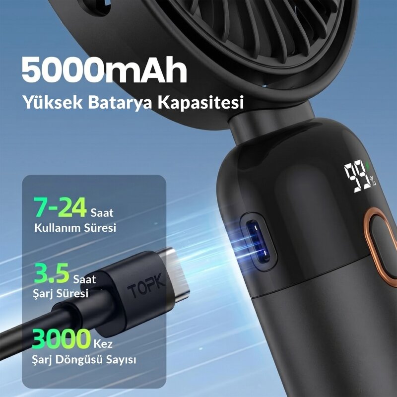 Warmco K70 Taşınabilir Şarjlı El Vantilatörü 2400mAh 360° Döner Başlıklı ve Standlı Dijital Ekranlı Soğutucu Fan Siyah - 3