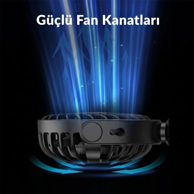 Warmco K70 Taşınabilir Şarjlı El Vantilatörü 2400mAh 360° Döner Başlıklı ve Standlı Dijital Ekranlı Soğutucu Fan Siyah - 4