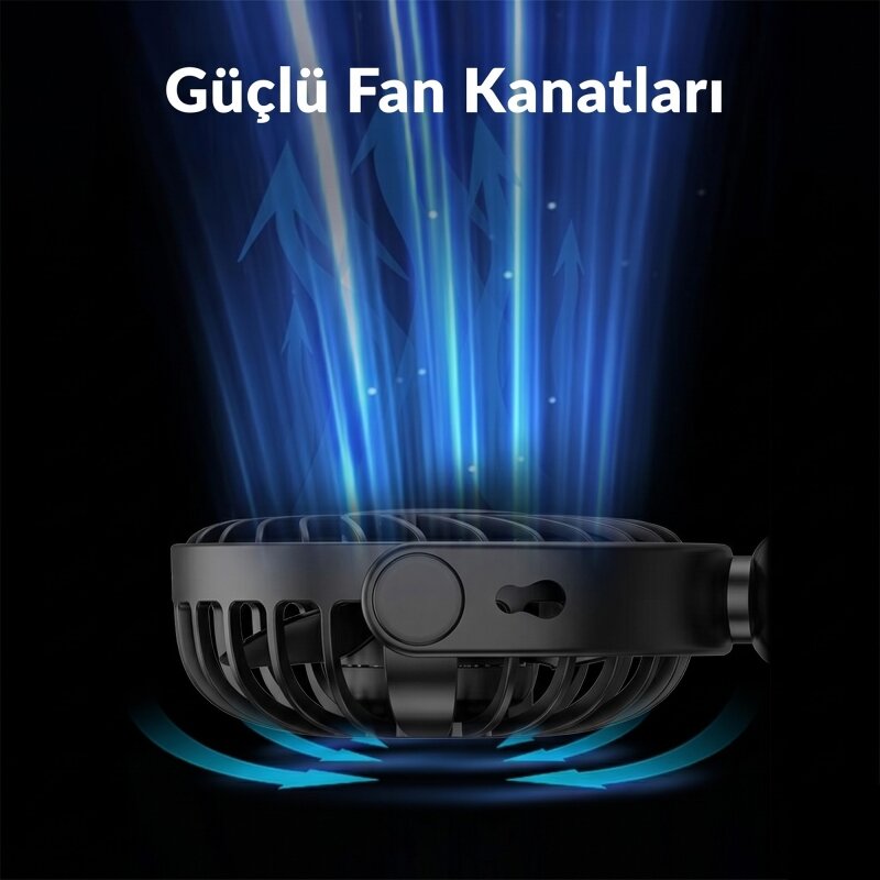 Warmco K70 Taşınabilir Şarjlı El Vantilatörü 2400mAh 360° Döner Başlıklı ve Standlı Dijital Ekranlı Soğutucu Fan Siyah - 4