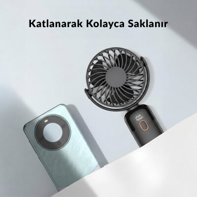 Warmco K70 Taşınabilir Şarjlı El Vantilatörü 2400mAh 360° Döner Başlıklı ve Standlı Dijital Ekranlı Soğutucu Fan Siyah - 5