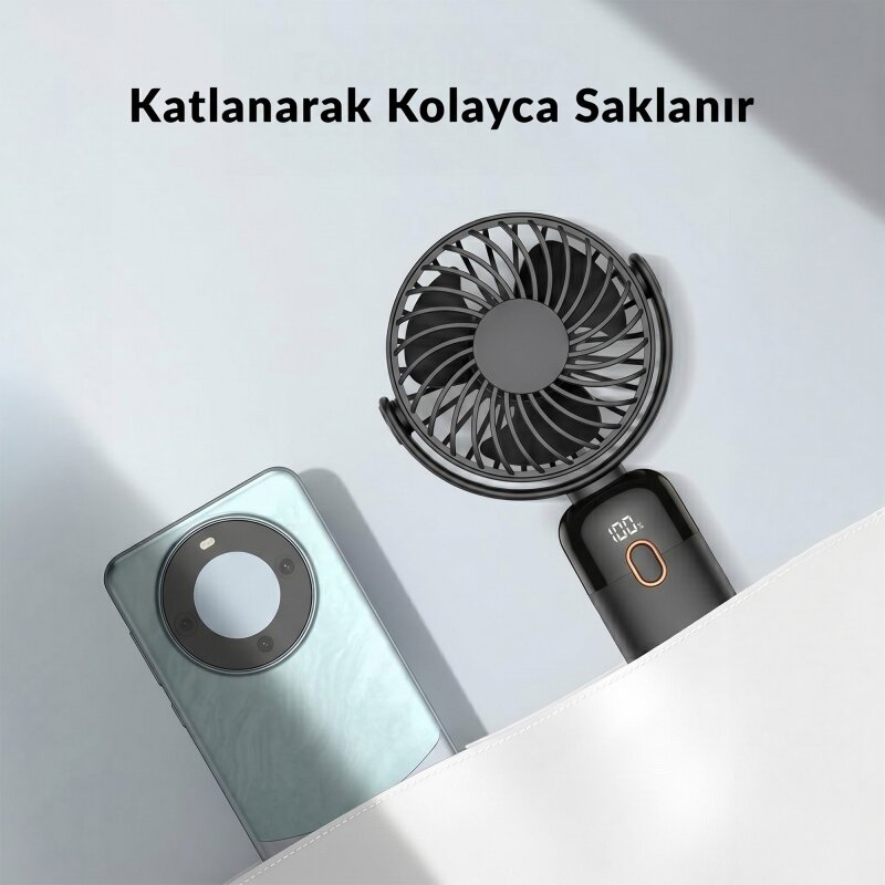 Warmco K70 Taşınabilir Şarjlı El Vantilatörü 2400mAh 360° Döner Başlıklı ve Standlı Dijital Ekranlı Soğutucu Fan Siyah - 5