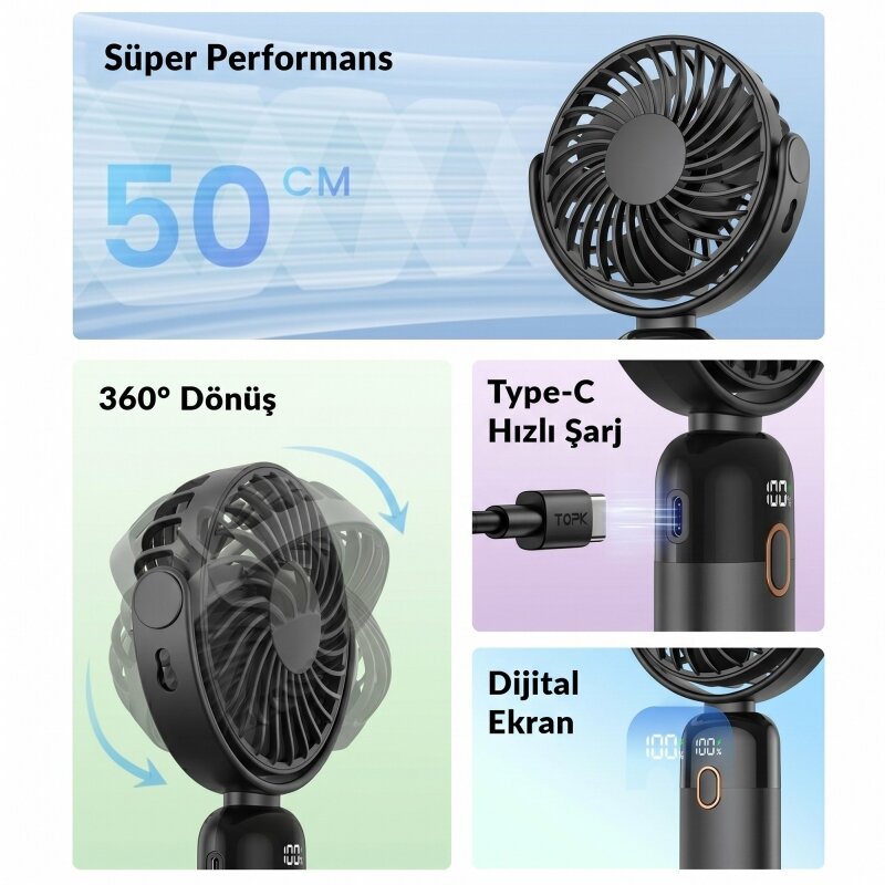 Warmco K70 Taşınabilir Şarjlı El Vantilatörü 2400mAh 360° Döner Başlıklı ve Standlı Dijital Ekranlı Soğutucu Fan Siyah - 6