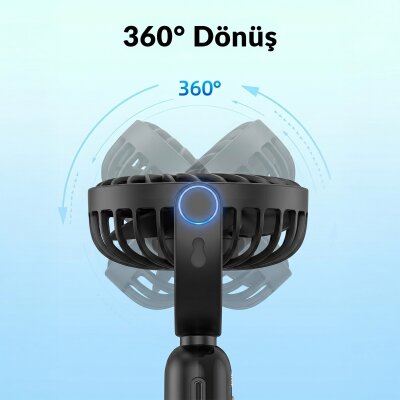 Warmco K70 Taşınabilir Şarjlı El Vantilatörü 2400mAh 360° Döner Başlıklı ve Standlı Dijital Ekranlı Soğutucu Fan Siyah - 8