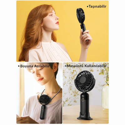 Warmco K70 Taşınabilir Şarjlı El Vantilatörü 2400mAh 360° Döner Başlıklı ve Standlı Dijital Ekranlı Soğutucu Fan Siyah - 9